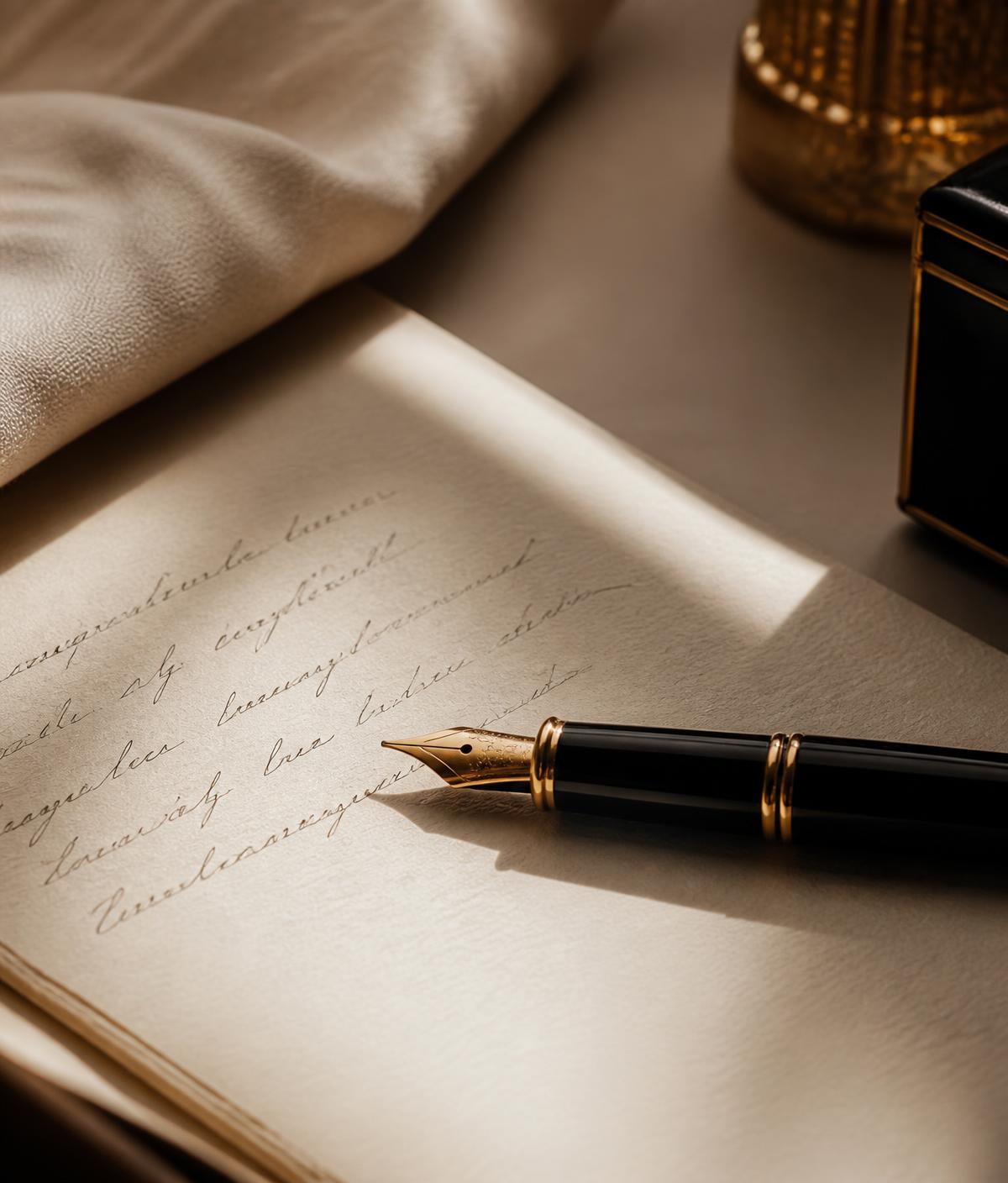 Fountain pen resting on a handwritten note in warm light